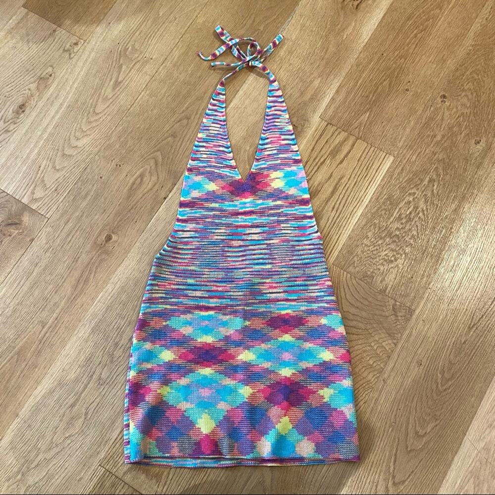 Rainbow Plaid Knit Halter Sundress in Blue Multicolor